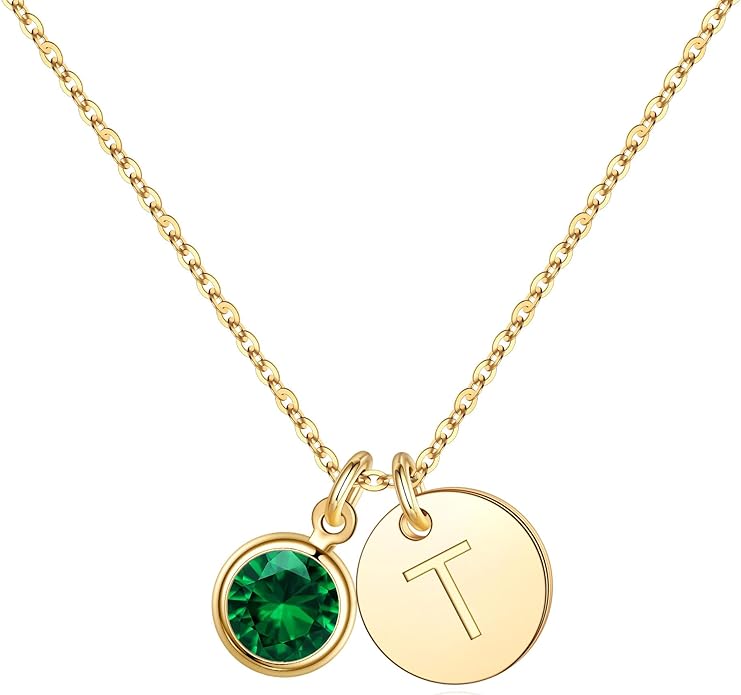 Hidepoo Initial Birthstone Necklace for Girl Women - 14K Gold Plated Disc Letter Necklace Personalized Gifts Jewelry Birthstone Initial Necklaces Birthday Gift for Female Teens Mom