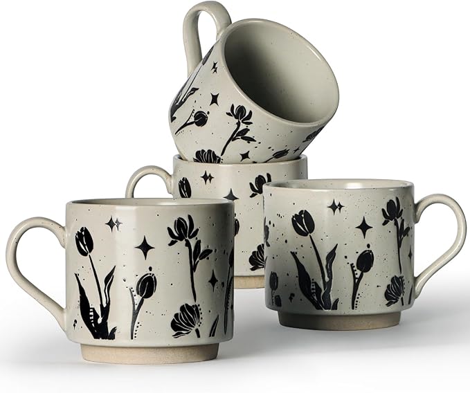 Stackable Coffee Mugs Set of 4, Aesthetic Cute 10 OZ Small Ceramic Espresso Cups Vintage Stoneware Tea Cup for Cappuccino Latte, Flower