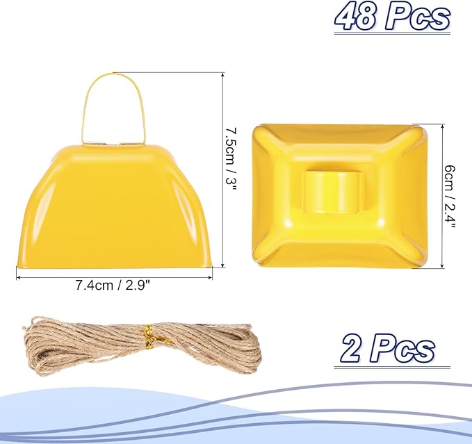 PATIKIL 48pcs Cow Bells for Football Games, 3 Inch Cowbells for Sporting Events Bulk Loud Noise Makers Metal Cow Bell with Rope for Cheering Wedding, Yellow