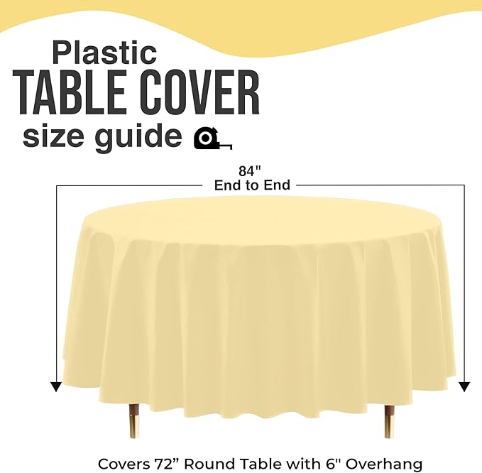 Exquisite 66% Thicker Premium Light Yellow Round Tablecloth 0.5 Mil 24 Pack Plastic Table Cloth Disposable 84 Inch Round Plastic Tablecloth Won't Tear Easily Like Cheap Thin Brands