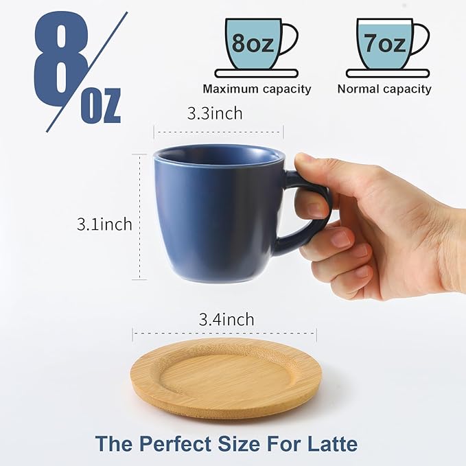 Hasense 8 oz Tea Cups and Saucers Set of 6, Ceramic Coffee Cups Latte Cappuccino Cups with Handle for Double Shot, Cafe Mocha, Espresso, Porcelain Coffee Cups for Party Home and Kitchen, Blue