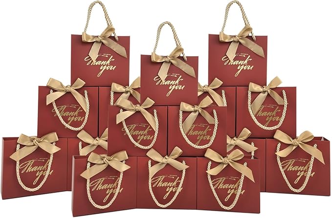 TKSBAG 50 Pack Small Thank You Gift Bags with Handles, 5.5''x 2.5''x4.7'' Mini Red Gift Bags Bulk for Baby Shower, Birthday, Wedding, Party Favors