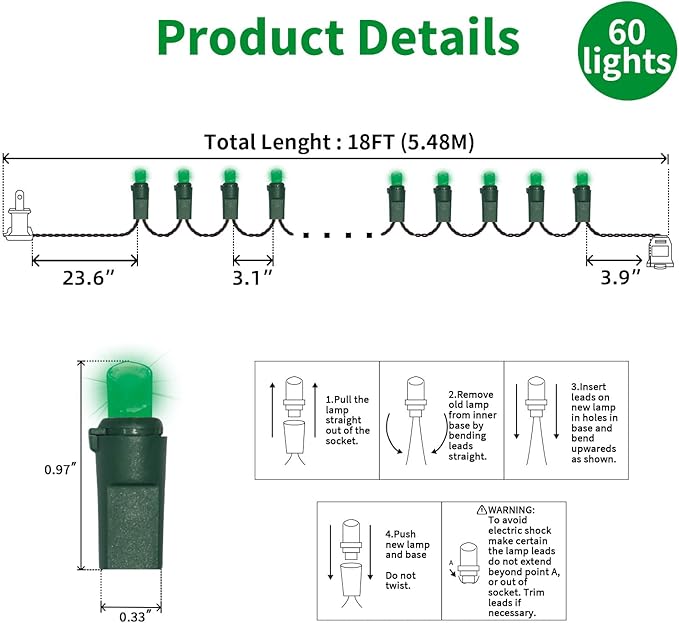 LAMPHOME 60 Count St. Patrick's Day Mini String Lights - Green LED Christmas Lights, Mini led Lights for Indoor Outdoor Home Holiday Party Wedding St Patricks Day Decoration