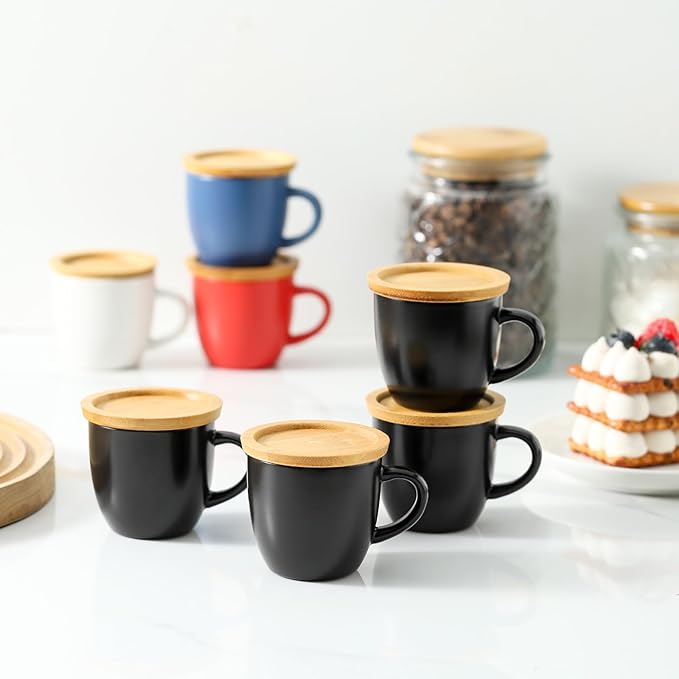Hasense 4 OZ Espresso Cups and Saucers Set of 6, Demitasse Cups with Handle for Latte, Cappuccino, Cafe Mocha and Tea, Porcelain Coffee Cups for Coffee Bar and Party, Black