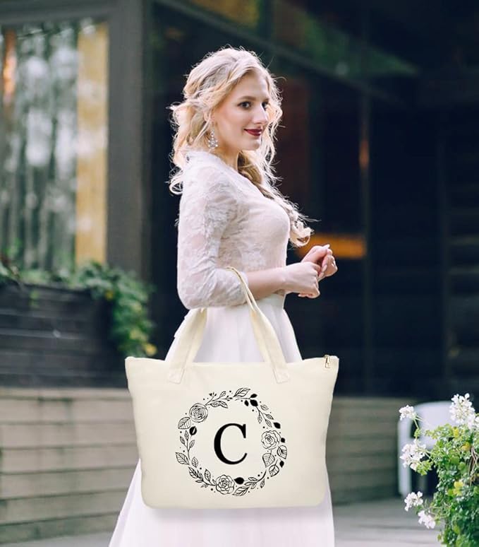 Personalized Initial Canvas Tote Bag with Zipper, Present Bag with Inner Pocket & Make Up Bag, Great Gifts for Women, Mom, Teachers, Friends, Bridesmaids