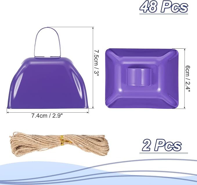 PATIKIL 48pcs Cow Bells for Football Games, 3 Inch Cowbells for Sporting Events Bulk Loud Noise Makers Metal Cow Bell with Rope for Cheering Wedding, Purple