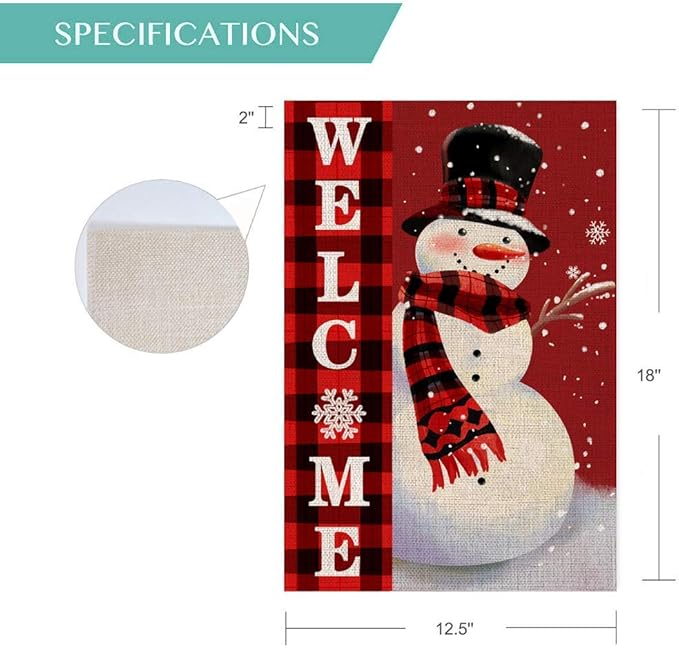 Welcome Christmas Garden Flag Double Sided Snowman with Buffalo Plaid Scarf Garden Flag, Winter Christmas Rustic Yard Outdoor Decoration 12.5 x 18 Inch