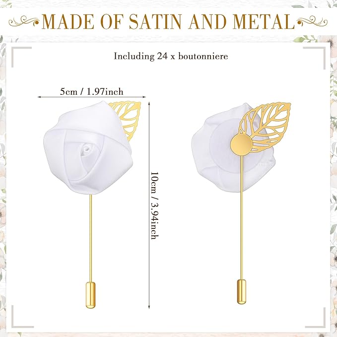 Zeyune 24 Pcs Boutonniere Rose Boutonniere Wedding Buttonholes Pocket for Men Wedding for Prom Party(White)