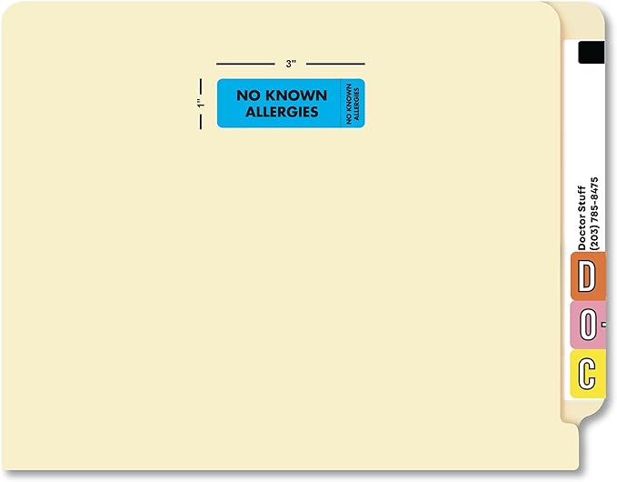 No Known Allergies Chart Label 3” x 1” Blue Black Text with Index Tab Doctor Stuff Permanent Adhesive 250 Stickers/Box