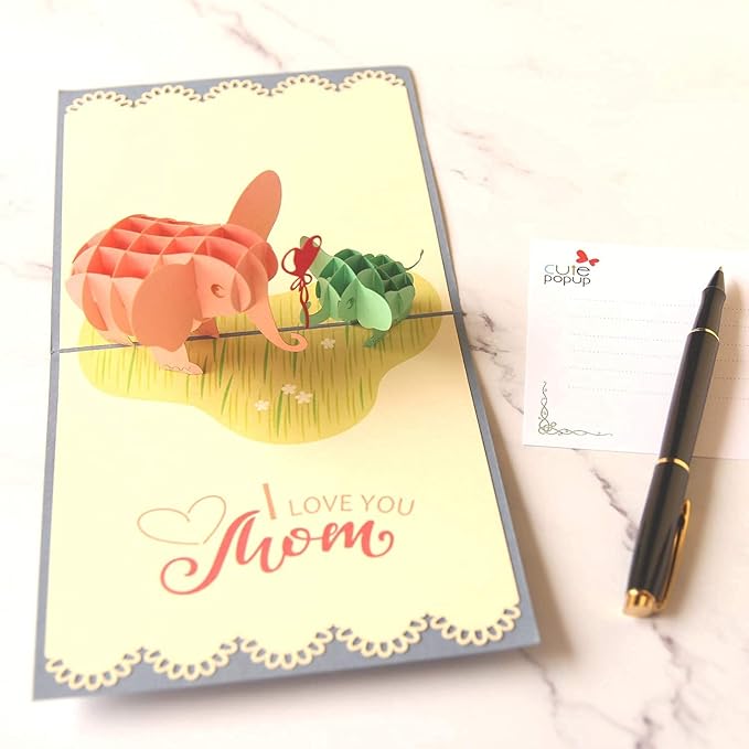 CUTE POPUP - Adorable Elephants Baby & Mom Mother's Day 3D Popup Card Thinking of You Surpring Present for Mom, Woman, or Someone You Love