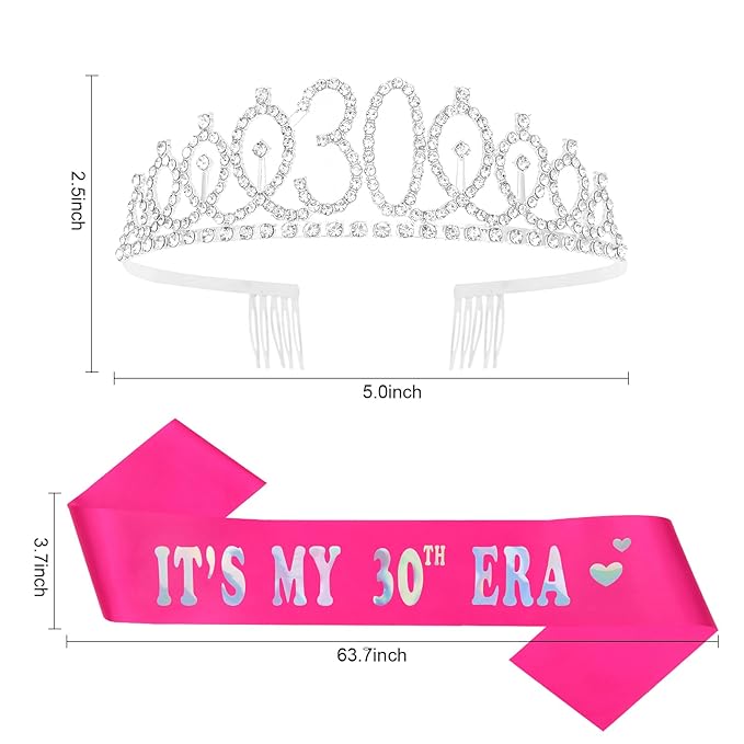 Casoty 30th Birthday Sash and Tiara, 30th Birthday Decorations for Women, Crown and Sash Set, Party Favors Supplies for Women, Gifts for Her