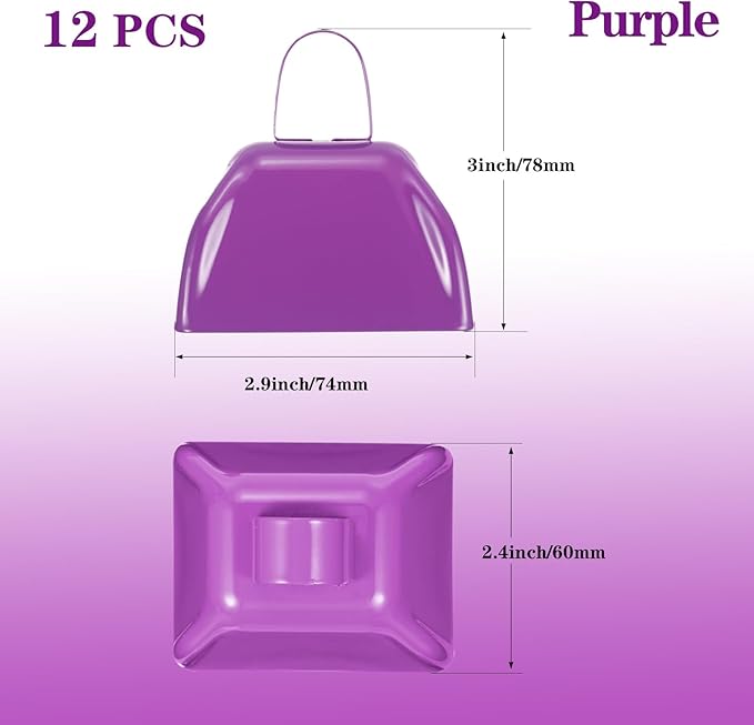 3Inch Cowbells for Sporting Events,12Pcs Metal Cow Bells Bulk Loud Noise Makers Cow Bell with Handle for Cheering Football Games Spirit Marathon Weddings Party Noisemakers, Purple