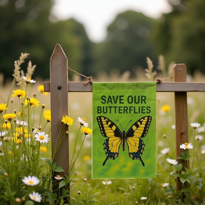 FLAGMEUP8386 Save Our Butterflies Garden Flag 12x18 Inch Double-Sided Polyester Yard Banner with Monarch and Swallowtail Design, Outdoor Décor for Pollinator Week, Eco Events and Fall Gardens