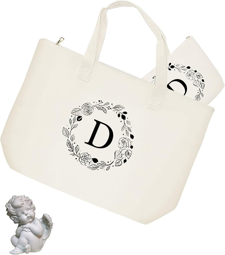 Personalized Initial Canvas Tote Bag with Zipper, Present Bag with Inner Pocket & Make Up Bag, Great Gifts for Women, Mom, Teachers, Friends, Bridesmaids