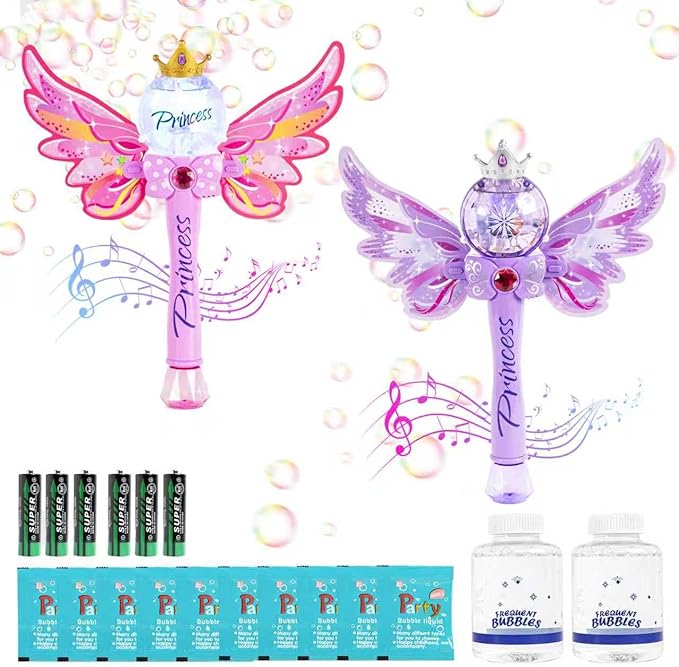 2 Pack Bubble Wands for Kids,Outdoor Party Birthday Bubble Toy for Toddlers,Light Up & Music Bubble Machine,Bubble Maker & Bubble Blower, for Girls Age 3 4 5 6 Years Old.(Pink+Purple)
