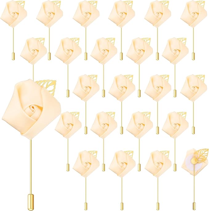 Zeyune 24 Pcs Boutonniere Rose Boutonniere Wedding Buttonholes Pocket for Men Wedding for Prom Party(Champagne)