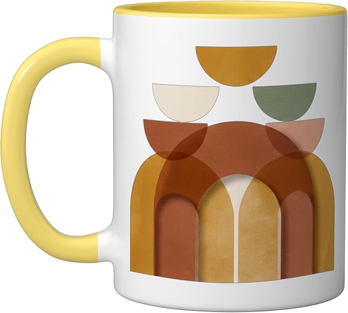 Mid-Century Modern Abstract Landscape Earthy Boho Arches Ceramic Mug, Yellow/White