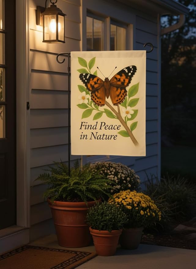 FLAGMEUP8386 Welcome Butterfly Garden Flag 12x18 Inch Double-Sided Polyester Fall Flag with Painted Lady on Branch and Blossoms, “Find Peace in Nature Quote Seasonal Lawn Decoration