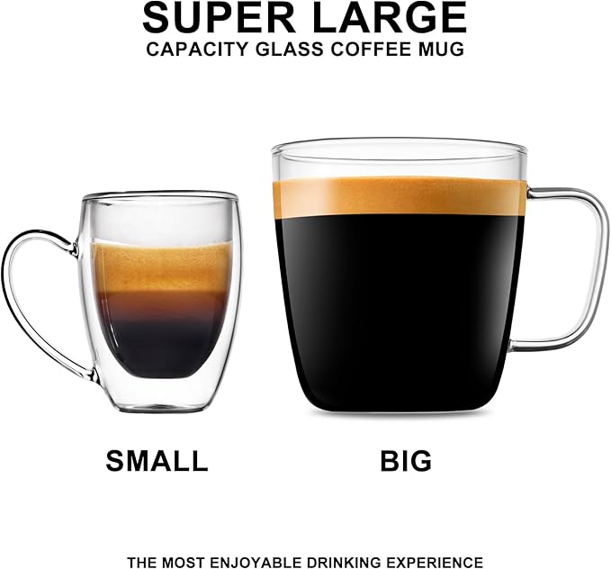 LUXU Premium Large Glass Coffee Mugs(Set of 2)-24 oz,Wide Mouth Hot or Cold Beverage Mugs,Modern Simplicity Glass Tea Coffee Cups-Big Capacity with Comfortable Handle for Home and Office-Clear