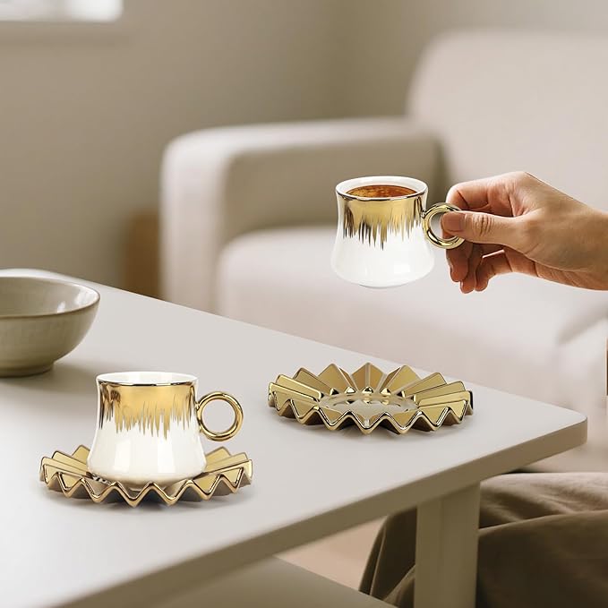 AstraLoom Turkish Coffee Cup Set - 6 Small 3oz Ceramic Demitasse Cups with Saucers, Gold-Plated Rim, for Espresso & Turkish Coffee