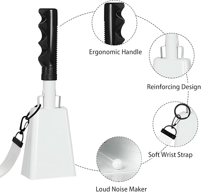 10Inch Cowbells Set with Handle for Sporting Events, 2Pcs Large Cow Bells with Wrist Straps, Loud Noise Makers for Football Games Spirit Marathon Weddings Party Noisemakers, White & Black