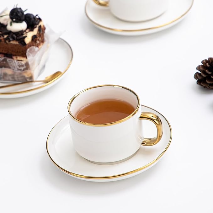 Tea Cups and Saucers with Gold Trim, 6.76 Ounce White Porcelain Tea Set & Coffee Cups for Latte, Cafe Mocha, Tea-Set of 4,Porcelain Mugs for Kitchen or Cafe(white and gold)