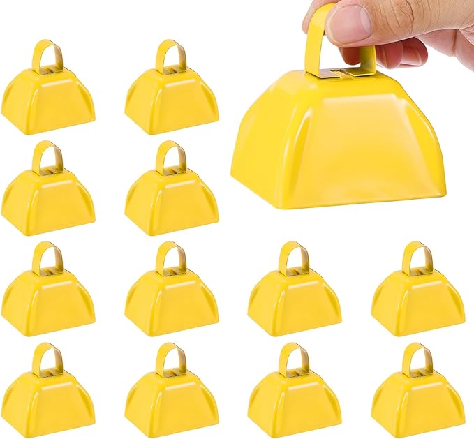 PATIKIL 3inch Cow Bells for Football Games, 12pcs Cowbells for Sporting Events Bulk Loud Noise Makers Metal Cow Bell with Handle for Cheering Competition Marathon Wedding DIY Paint, Yellow