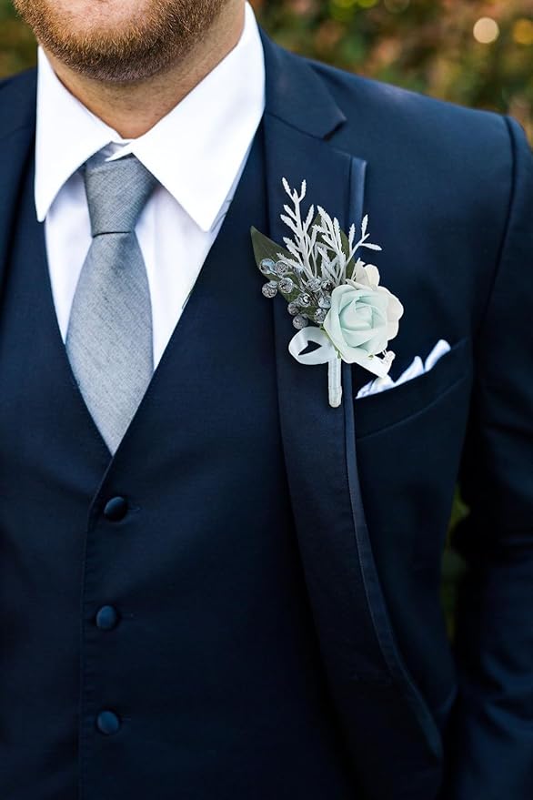 2Pcs Wedding Corsage and Boutonniere Set Blue Rose Corsage Wristlet and Boutonniere for Men Women Groom Bride Bridesmaid Groomsmen Wedding Party Accessory Prom Decoration (Blue)