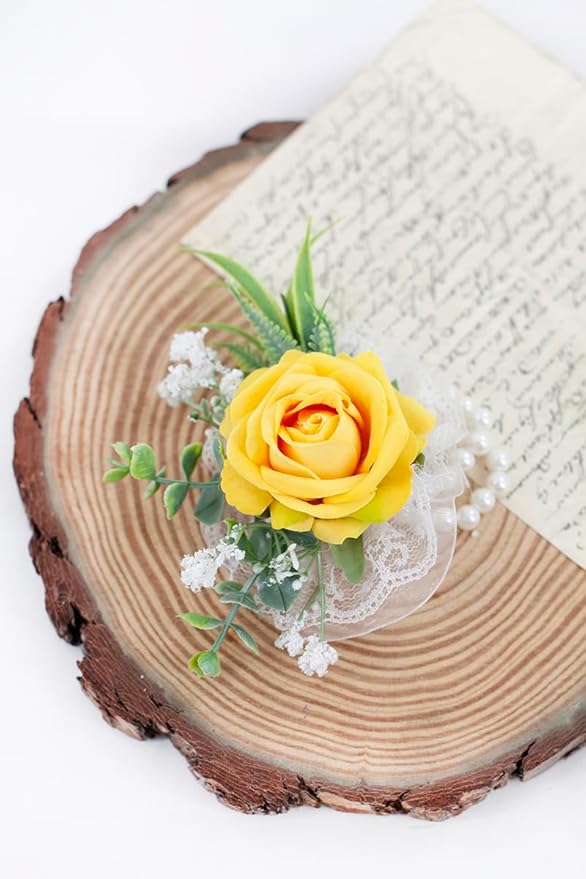 Ansofi Yellow Corsage and Boutonniere Set Artificial Rose Flower Wrist Corsage and Boutineers for Groom Groomsmen Bride Bridesmaids Prom Rustic Vintage Wedding Decor