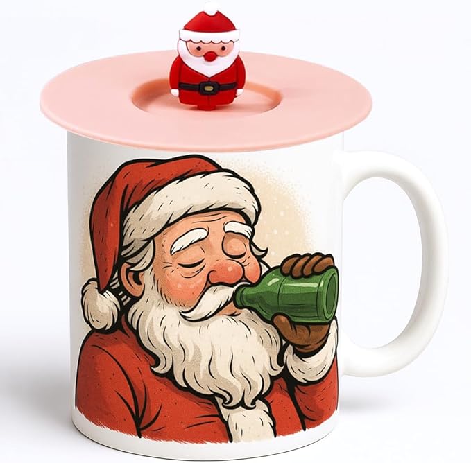 Christmas Santa Beer Mug with Silicone Lid, Ceramic Coffee Cup, 11 Oz, White