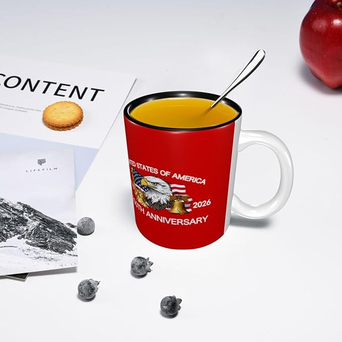 The USA Red 4 250th 11oz Ceramic Mug Cute Coffee Mugs Tea Cup with Handle for Office and Home Gift for Men Women