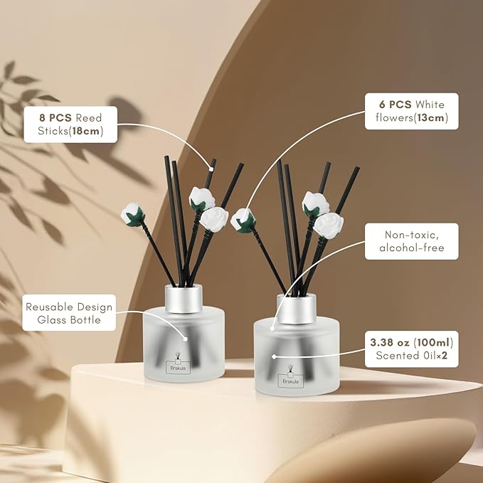 Brakula 2 Pack Reed Diffuser Set, Bamboo Scented, Home Fragrance with 14 Sticks Bathroom Decor, Reed diffusers for Home 6.76 fl oz (Bamboo)