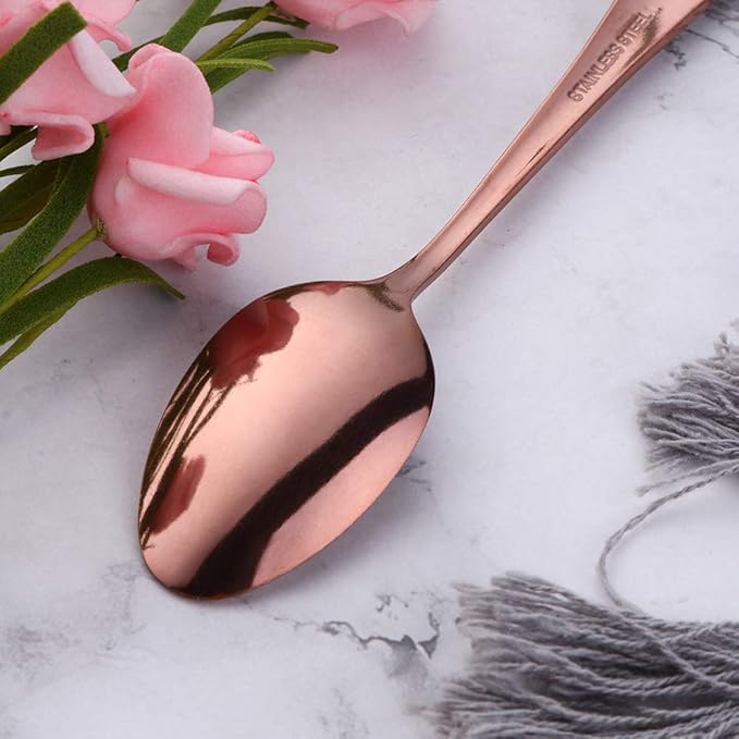 Rose Gold Unique Pattern Design Coffee Espresso Spoons Mini, Mingcheng Stainless Steel Small Teaspoons Silverware Set of 12, BISDARUN 5.5 Inches Food Spoons for Demitasse Dessert Tea