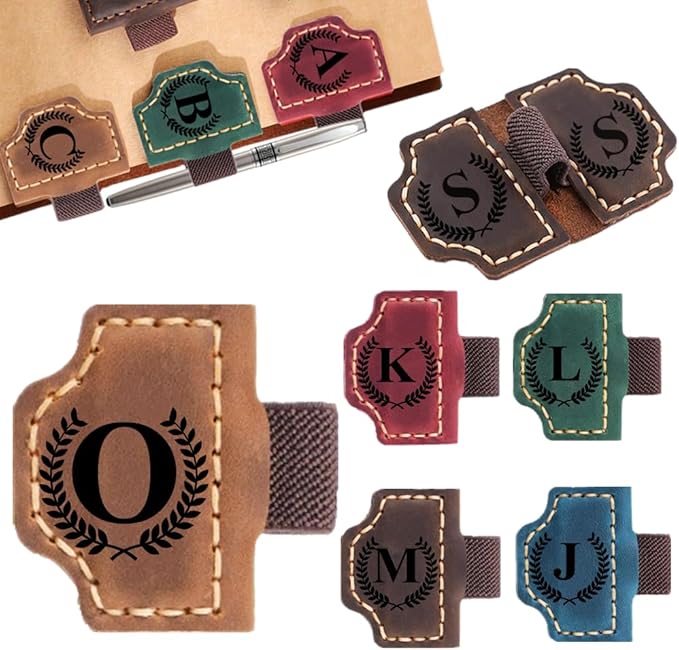 Custom Bookmark with Pen Holder with 26 Letters Personalized Magnetic Leather Book Mark, Customized Name Book Marker Clip with Initial for Men Women, Gifts for Book Lovers, Readers, (Brown, O)