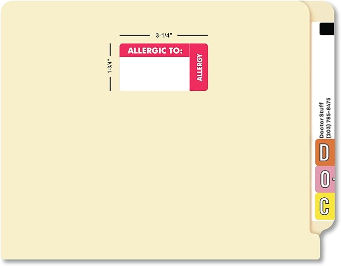 Allergic to Chart Label with Side Tab 3-1/4” x 1-3/4” Red White Design Doctor Stuff Permanent Adhesive 250 Stickers/Box