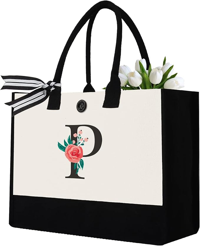 Initial Canvas Tote Bag, Personalized Birthday Gifts for Women Mom Friends Teachers, Monogrammed Tote Bags Suitable for Mother's Day Wedding Beach (Letter P)