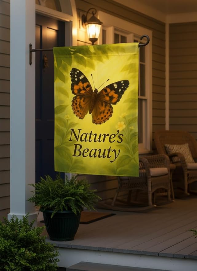 FLAGMEUP8386 Welcome Butterfly Garden Flag 12x18 Inch Double-Sided Polyester Fall Flag with Monarch and Painted Lady on Glowing Leaves, “Nature’s Beauty Quote Seasonal Yard Decoration