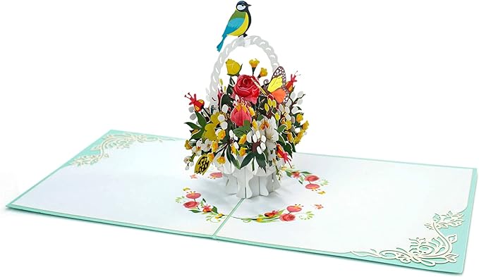 ETA 3D Bird and Flower Basket Pop Up Greeting Card for Birthday, Just Because, Thinking of You, Retirement, Get Well, Congratulations, Cards Mother's Day, Teacher's Father's Any Occasions, F18