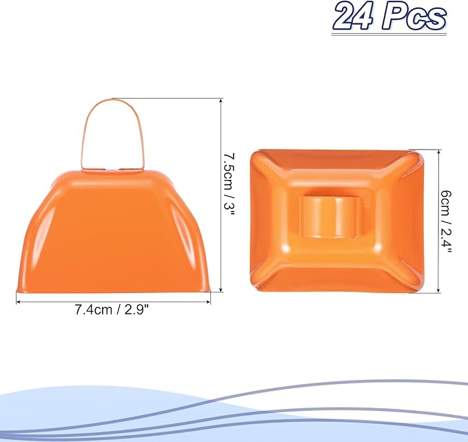 PATIKIL 3inch Cow Bells for Football Games, 24pcs Cowbells for Sporting Events Bulk Loud Noise Makers Metal Cow Bell with Handle for Cheering Competition Marathon Wedding DIY Paint, Orange