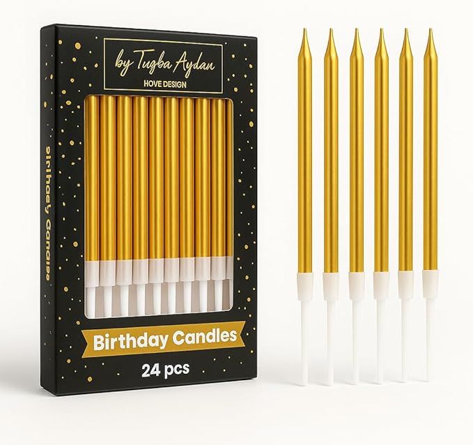 by Tugba Aydan - Gold Birthday Candles - 24 Pack | Metallic Long Thin Candles for Cakes & Cupcakes | Elegant Cake Decoration for Adults, Kids, Men & Women | by Tugba Aydan Home Design
