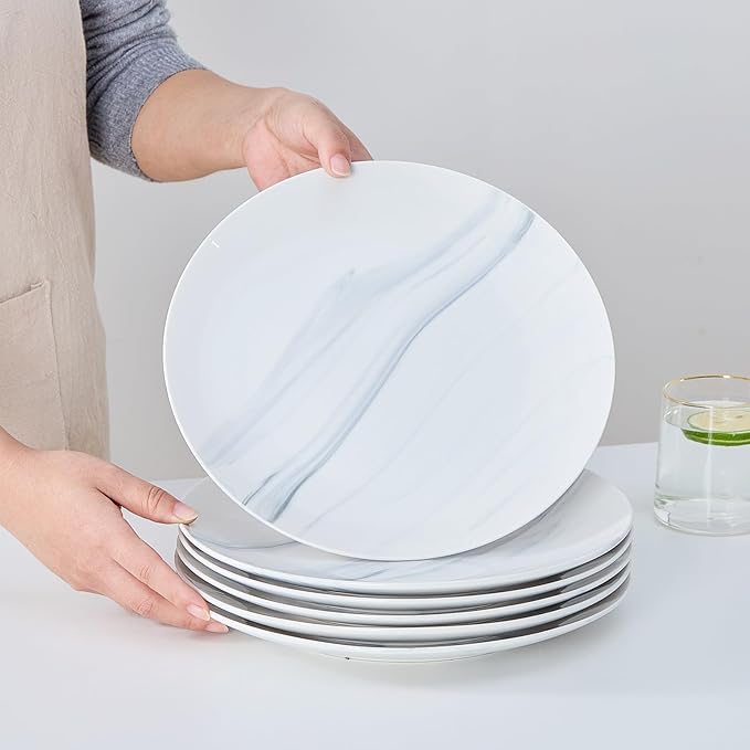 bestone Dinner Plates, 10.5 Inch Plates Set of 6, Porcelain Round Dessert Salad Dinner Plates, Serving Dishes for Kitchen, Dishwasher, Microwave, Freezer, Oven Safe, Marble Blue