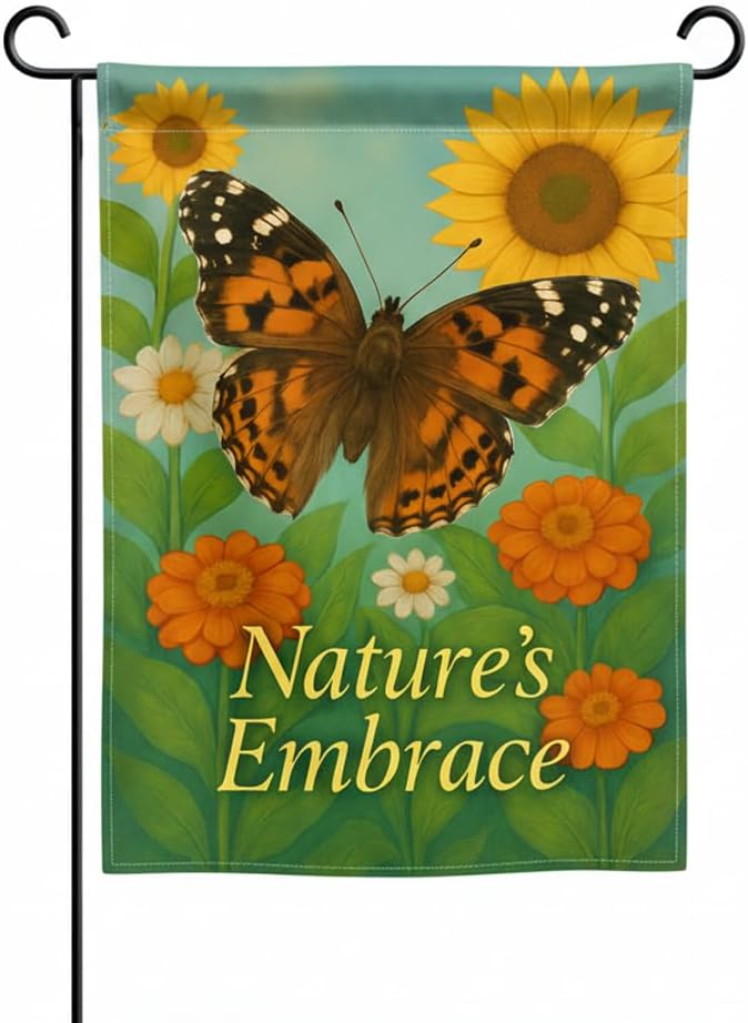 FLAGMEUP8386 Welcome Butterfly Garden Flag 12x18 Inch Double-Sided Polyester Fall Flag with Monarch and Painted Lady, Sunflowers and Orange Blooms, “Nature’s Embrace Quote Outdoor Decoration