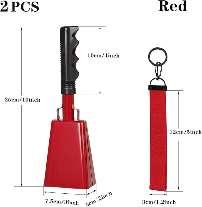 10Inch Cowbells with Handle for Sporting Events, 2Pcs Large Cow Bells with Wrist Straps, Loud Noise Makers for Cheering Football Games Spirit Marathon Weddings Party Noisemakers, Red