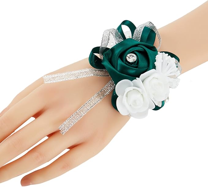 Meldel Wrist Corsages for Wedding, 2PCS Green Rose Wrist Corsage Bridal Bridesmaid, Artificial Corsage for Wedding Mother of Bride and Groom