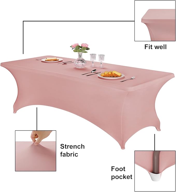 FORLIFE Spandex Table Cover - Fitted 8ft Rectangular Tablecloth, Stretch Patio Cover, Universal for Wedding, Banquet, Party - Dusty Pink