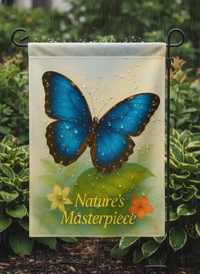FLAGMEUP8386 Welcome Butterfly Garden Flag 12x18 Inch Double-Sided Polyester Yard Banner with Blue Morpho Tropical Leaves, Fall Flag for Seasonal Garden Decoration with Nature’s Masterpiece Quote