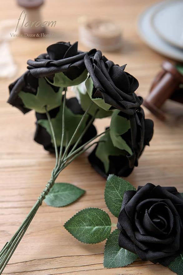 Floroom Artificial Flowers 25pcs Real Looking Black Foam Fake Roses with Stems for DIY Wedding Bouquets Centerpieces Arrangements Party Tables Home Halloween Decorations