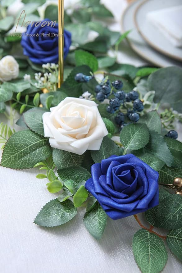 Floroom Artificial Flowers 25pcs Real Looking Royal Blue Foam Fake Roses with Stems for DIY Table Centerpieces Party Home Decorations
