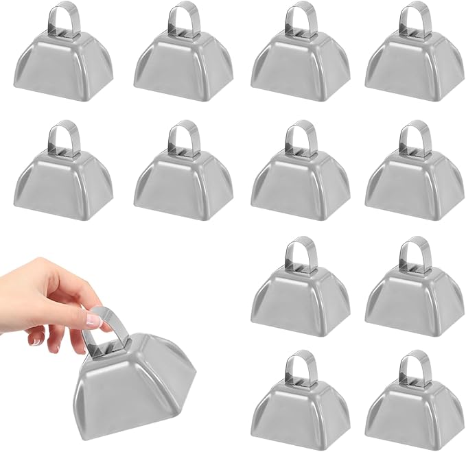 3Inch Cowbells for Sporting Events,12Pcs Metal Cow Bells Bulk Loud Noise Makers Cow Bell with Handle for Cheering Football Games Spirit Marathon Weddings Party Noisemakers, Silver