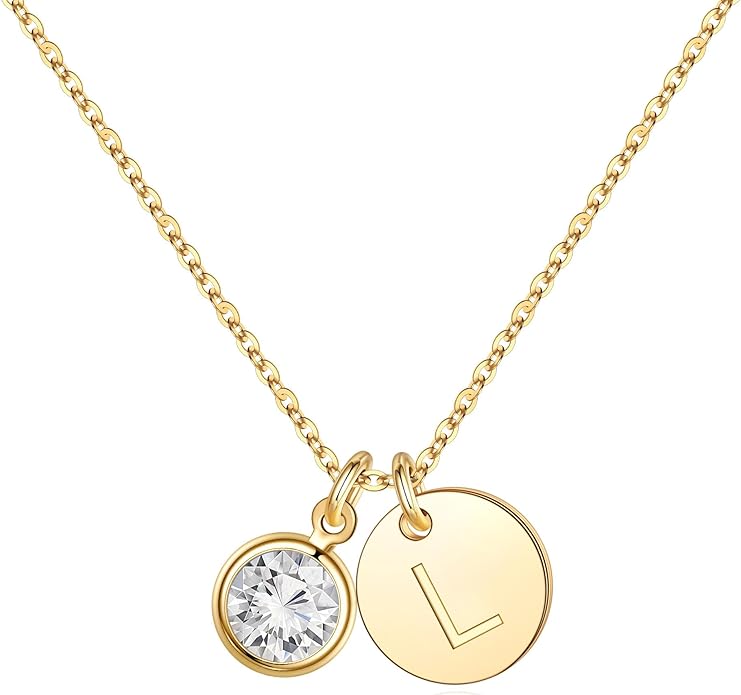 Hidepoo Initial Birthstone Necklace for Girl Women - 14K Gold Plated Disc Letter Necklace Personalized Gifts Jewelry Birthstone Initial Necklaces Birthday Gift for Female Teens Mom